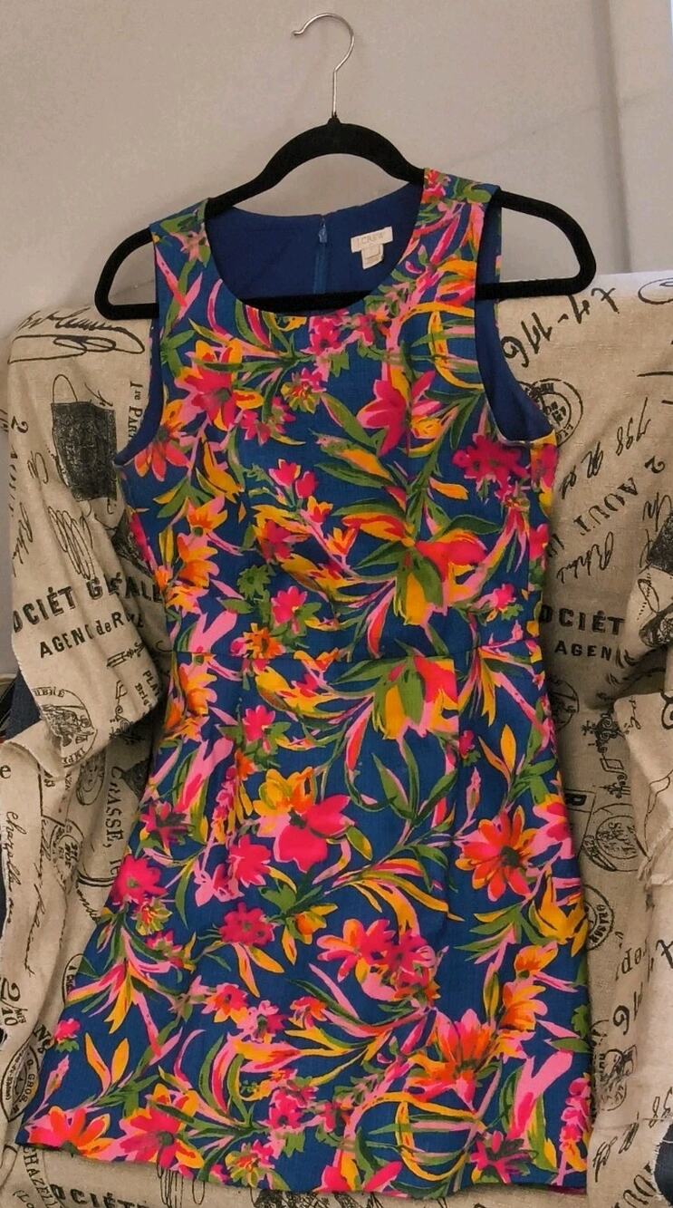 J.CREW Women’s Size 2 Blue Floral Sheath Dress Scoop Neck Lined Zip